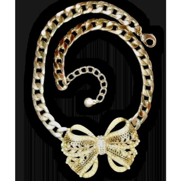 RARE Vintage 70s Gold Tone Bow Necklace Chunky Choker Rhinestone Pearls Filigree - Picture 1 of 9